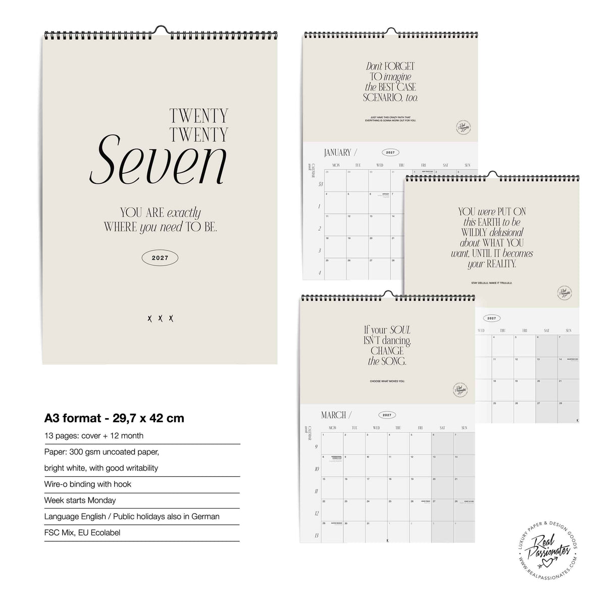 Wandkalender 2027 | A3 | Monatsübersicht