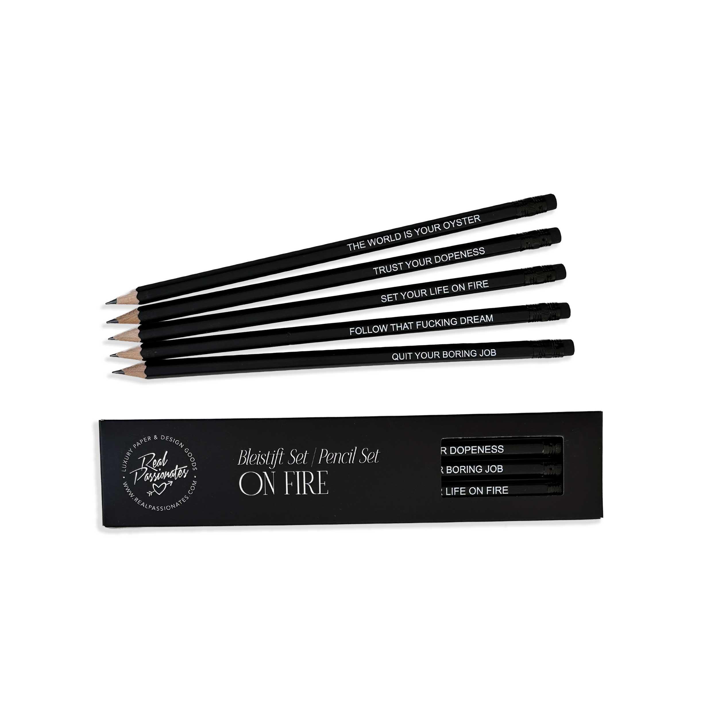 Bleistift Set "ON FIRE", 5 Stück, Schwarz matt/Weiß