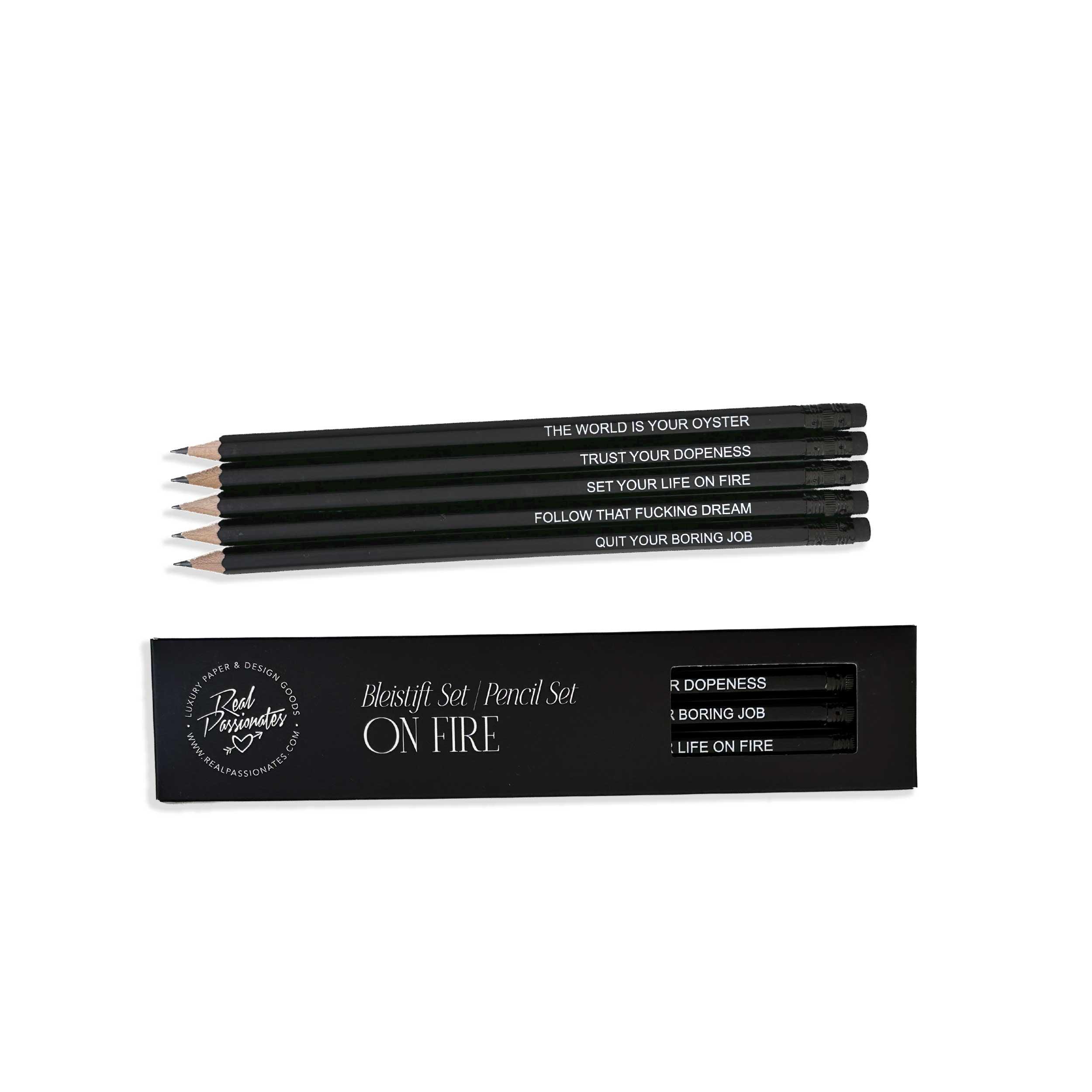 Bleistift Set "ON FIRE", 5 Stück, Schwarz matt/Weiß