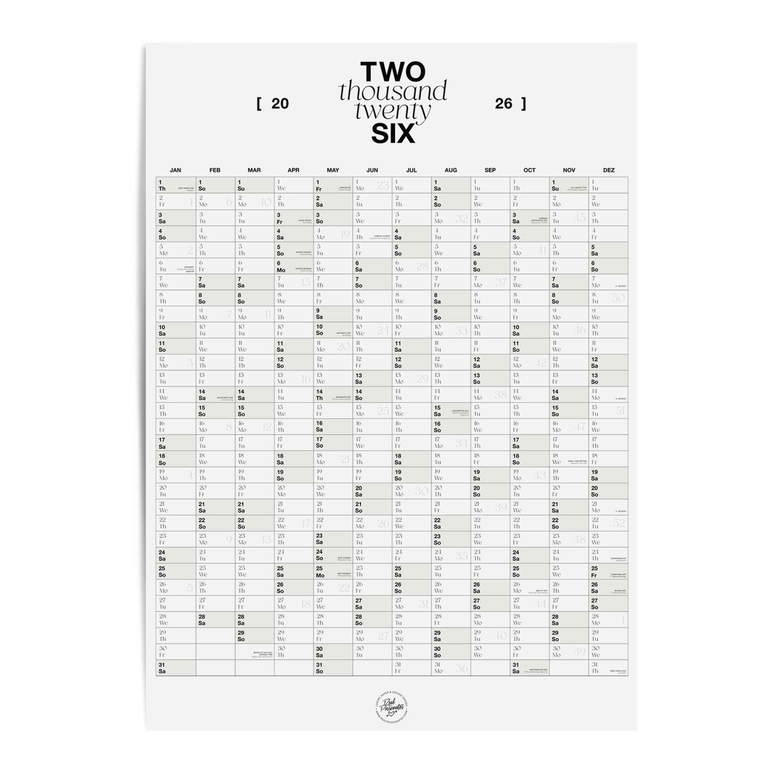 Großer minimalistischer Wandkalender 2026, A1