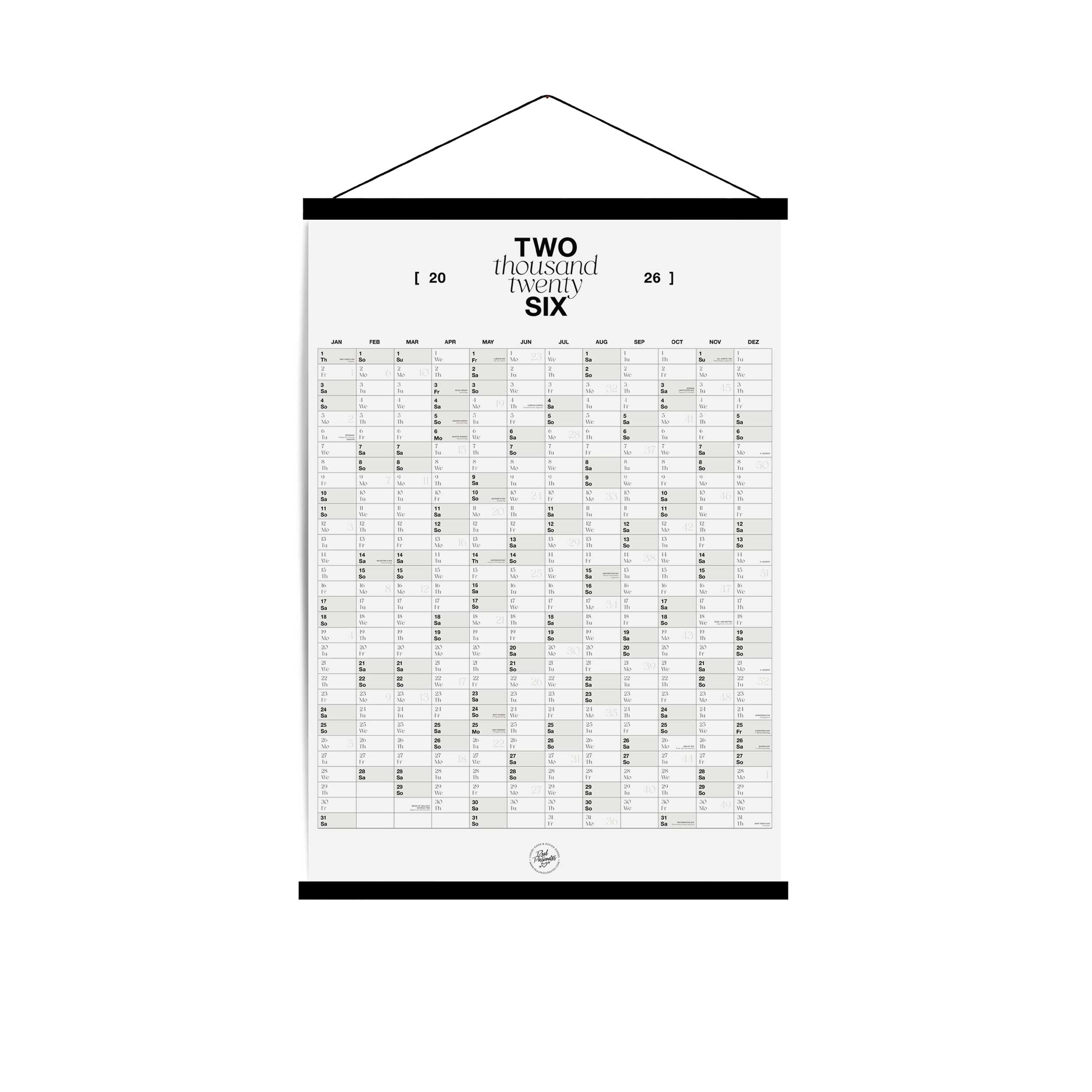 A1 Wandkalender 2026 mit magnetischer Posterleiste in Schwarz – minimalistisches Jahreskalender-Design von Real Passionates