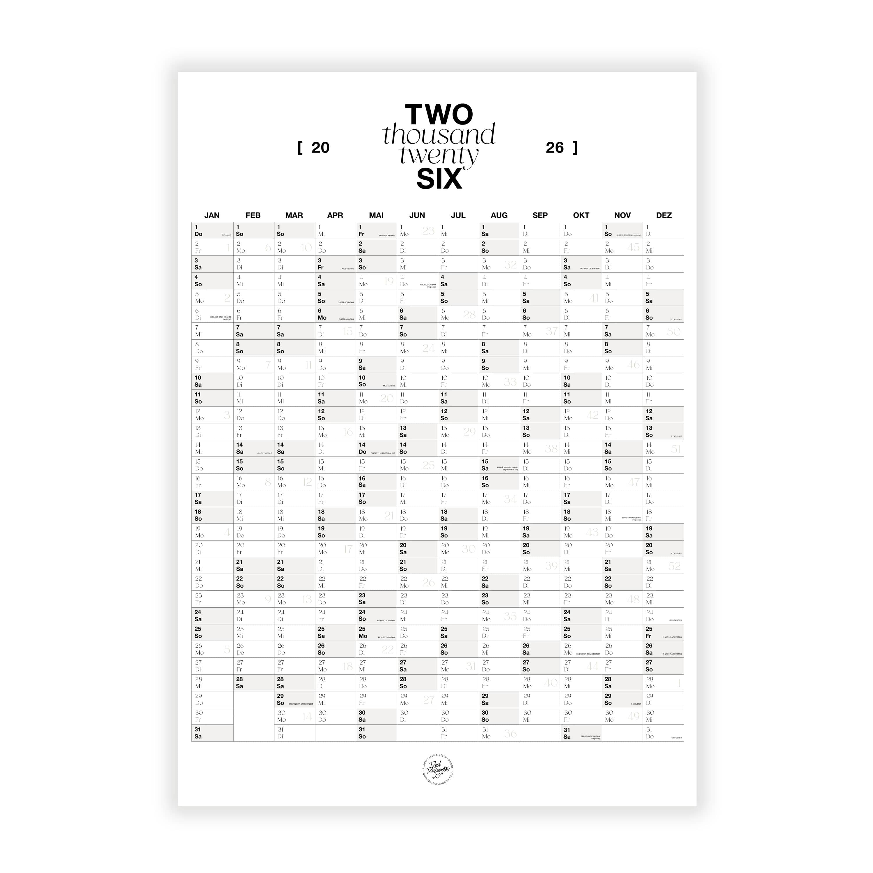 Wandkalender 2026 | A2 | minimalistisches Design auf Naturpapier