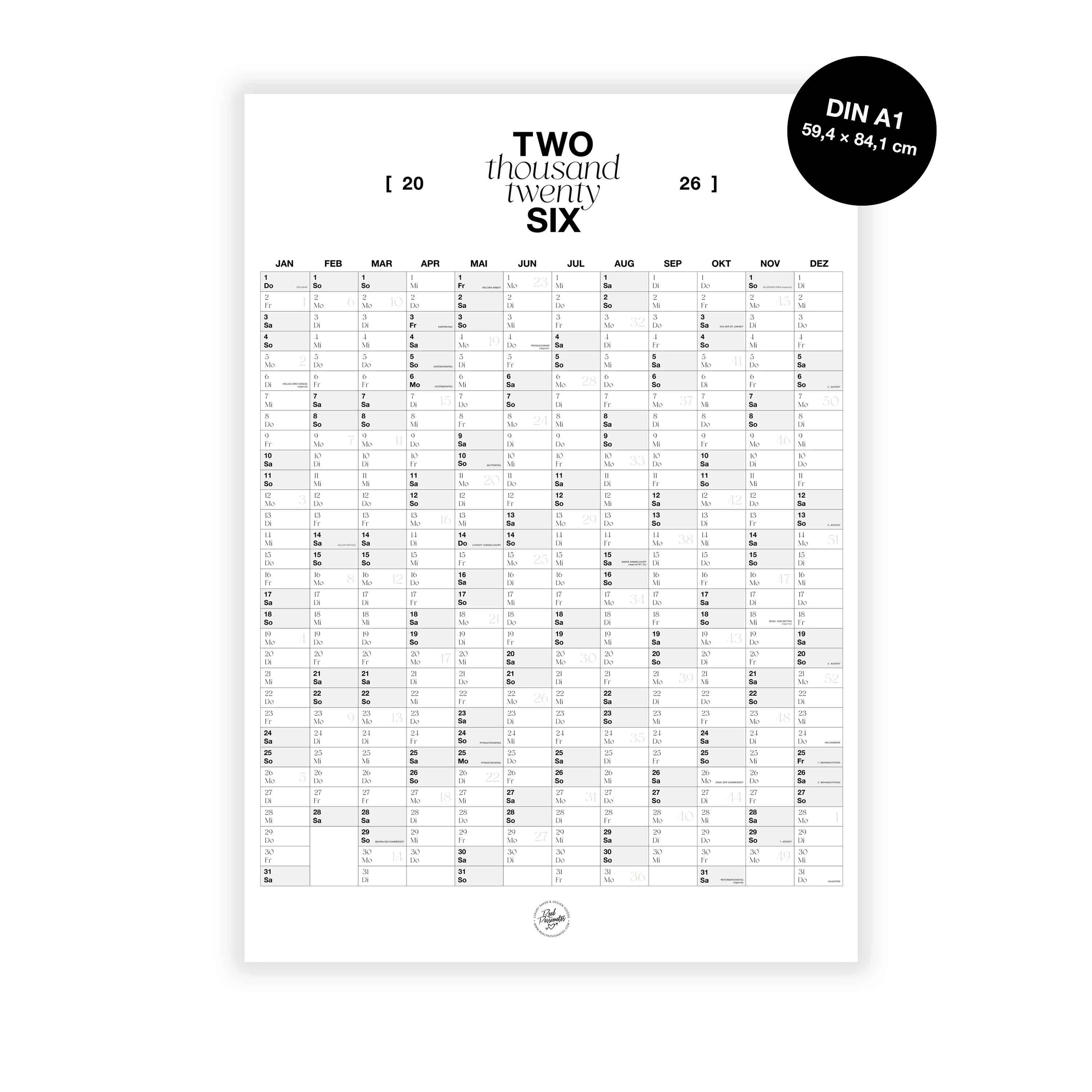 Großer Wandkalender 2026 | A1 | minimalistisches Design auf Naturpapier
