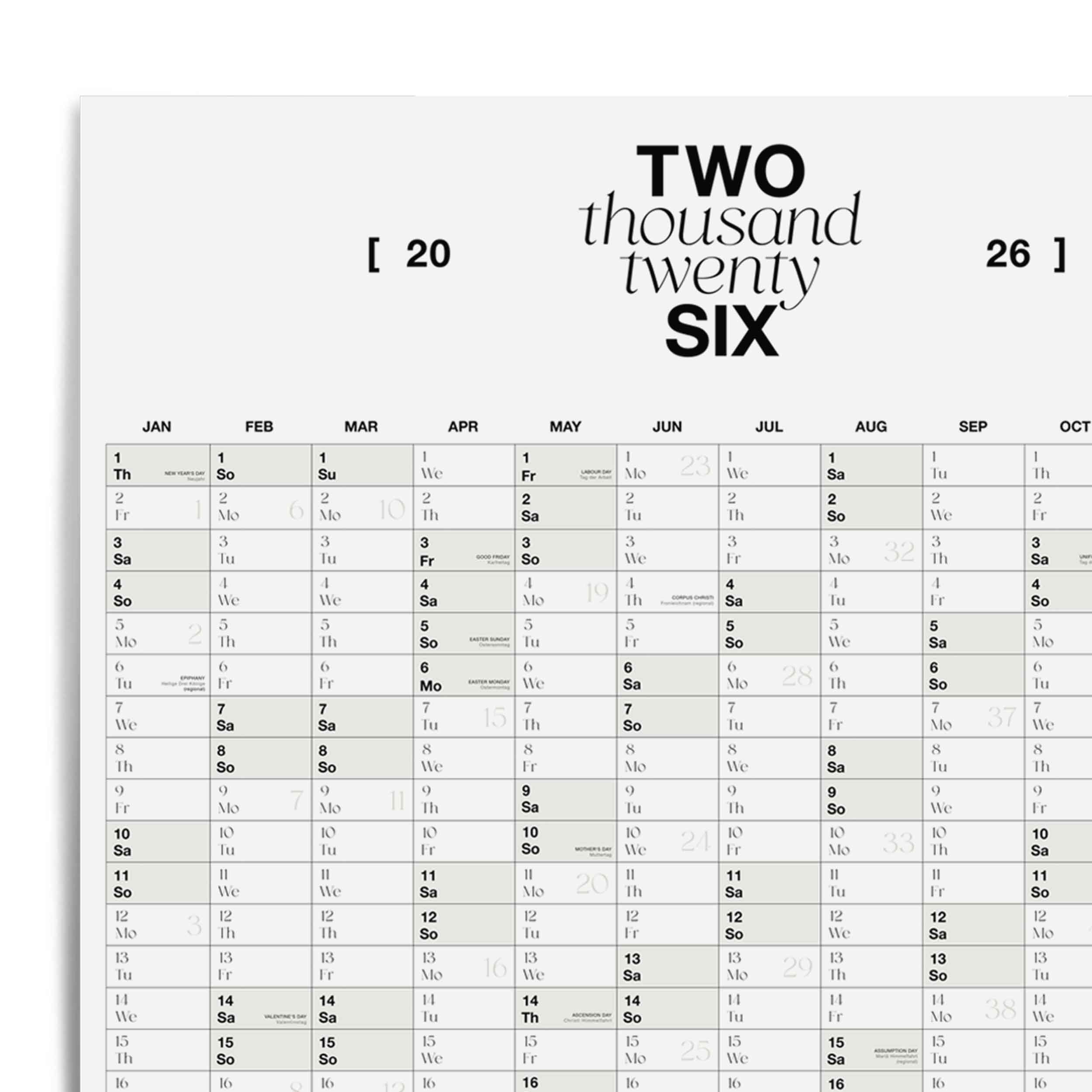 Wandkalender 2026 A1 mit übersichtlicher Jahresplanung und Kalendarium – FSC Papier, minimalistisch gestaltet