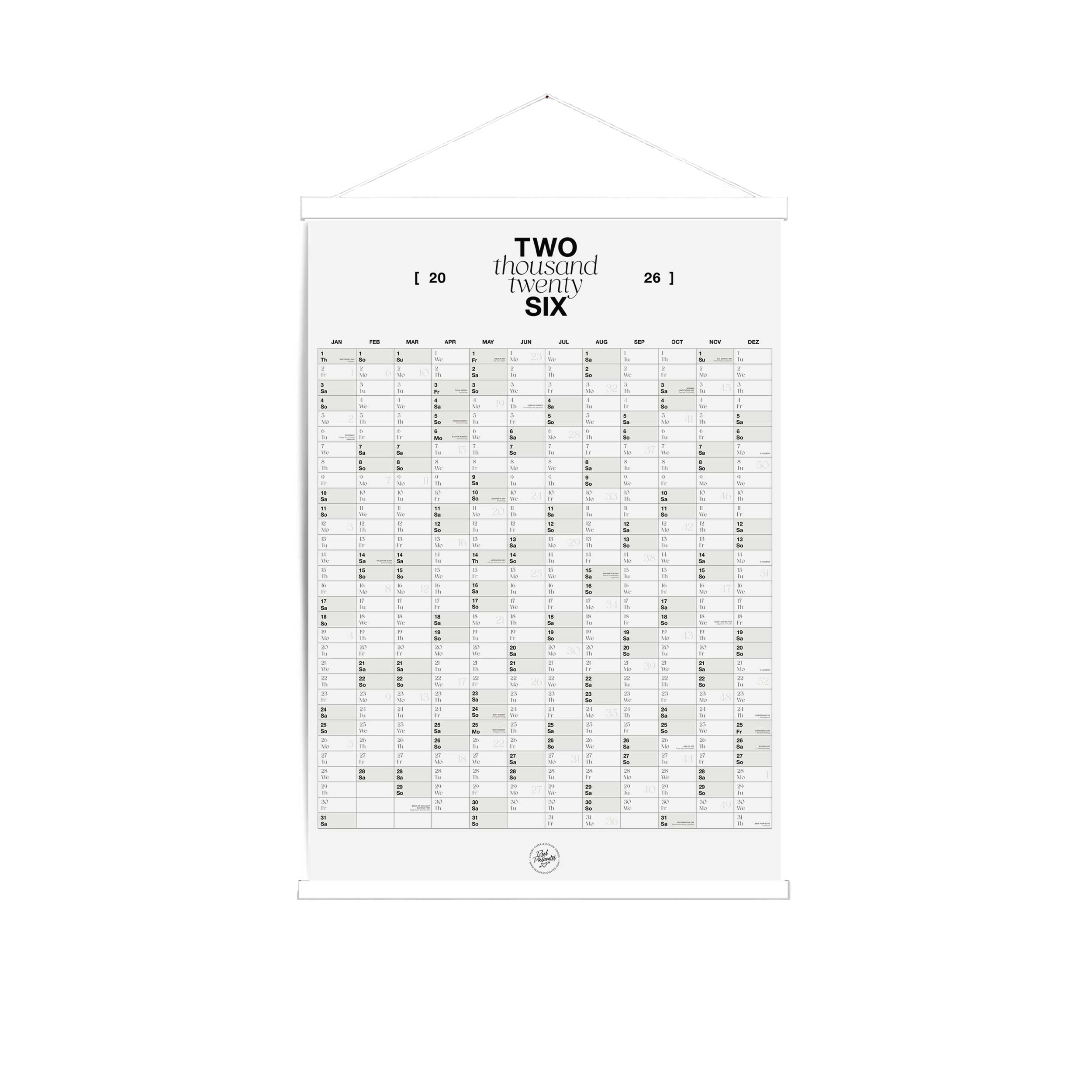A1 Wandkalender 2026 mit magnetischer Posterleiste in Weiß – minimalistisches Jahreskalender-Design von Real Passionates