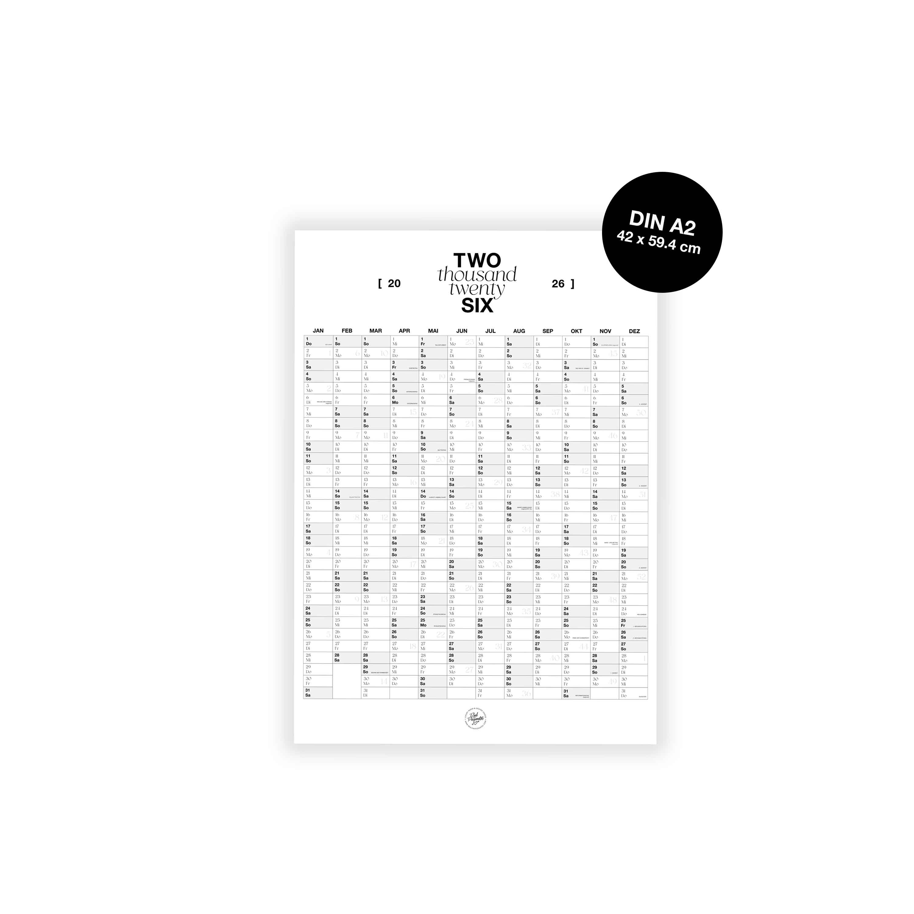 Wandkalender 2026 | A2 | minimalistisches Design auf Naturpapier