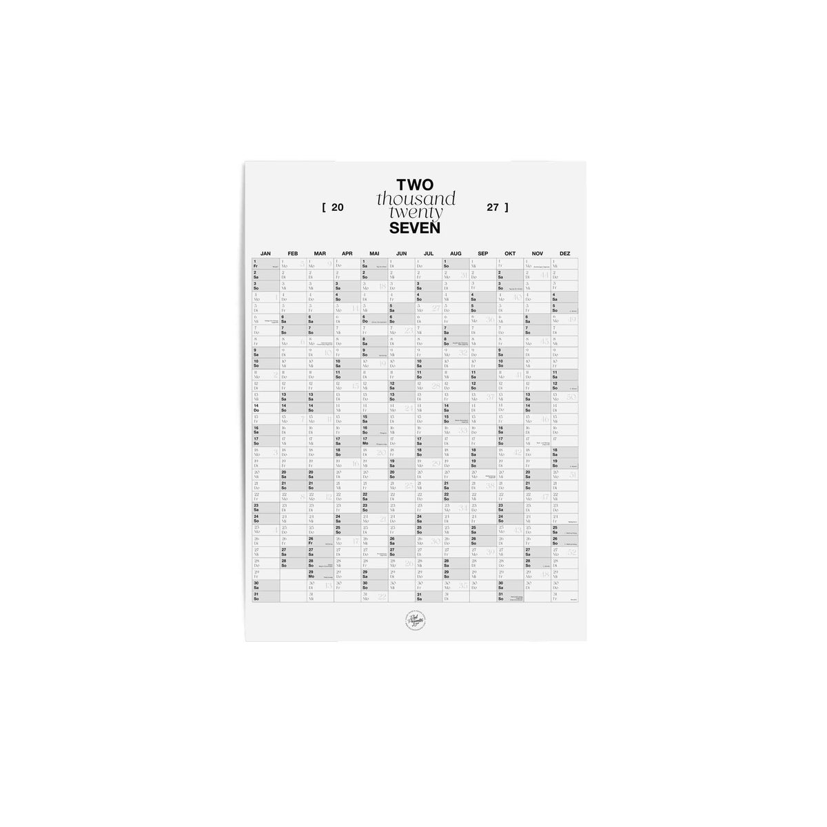 Wandkalender 2027 | A2 | Jahresübersicht