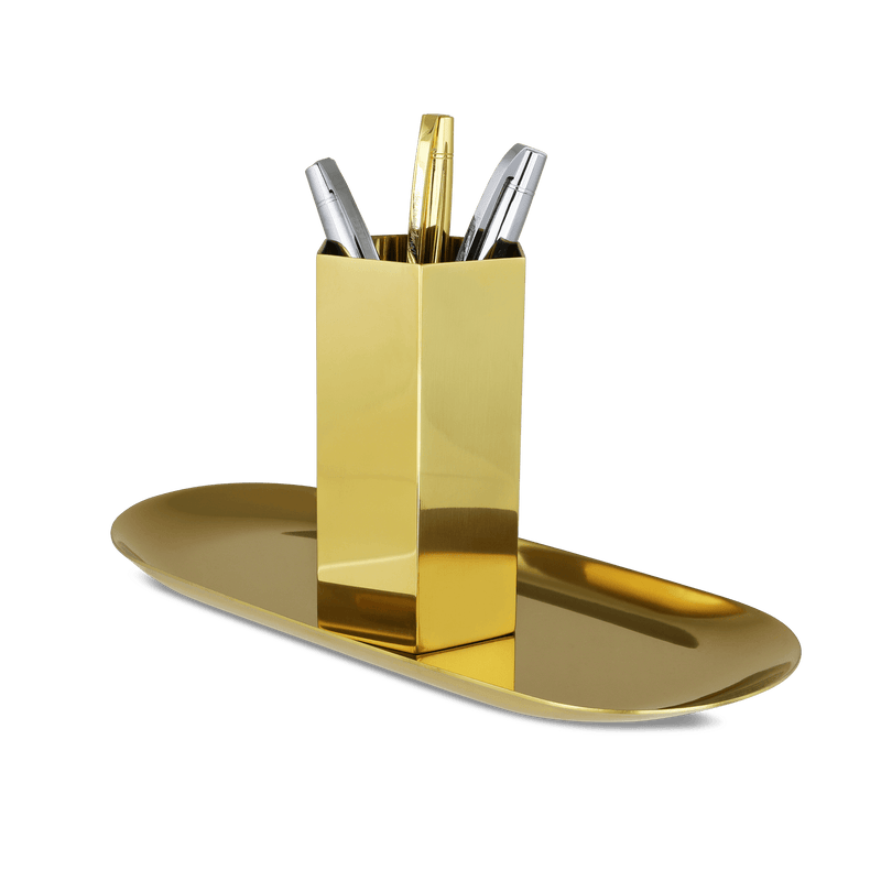 Desk decoration set (tray & pen holder), Gold
