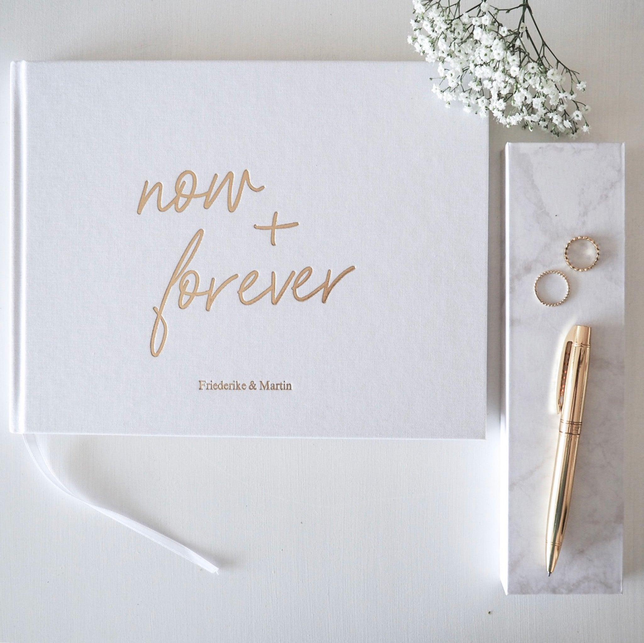 Gästebuch Hochzeit "now+forever", Weiß/Gold